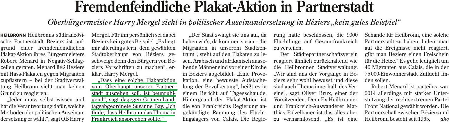 Fremdenfeindliche Plakat-Aktion in Partnerstadt (Heilbronner Stimme, 13.10.2016)